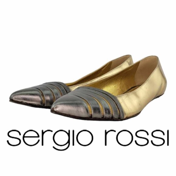 Sergio Rossi Shoes - Authentic Vintage Sergio Rossi Gold Leather Flats Women's Sz 40EU (10 US)